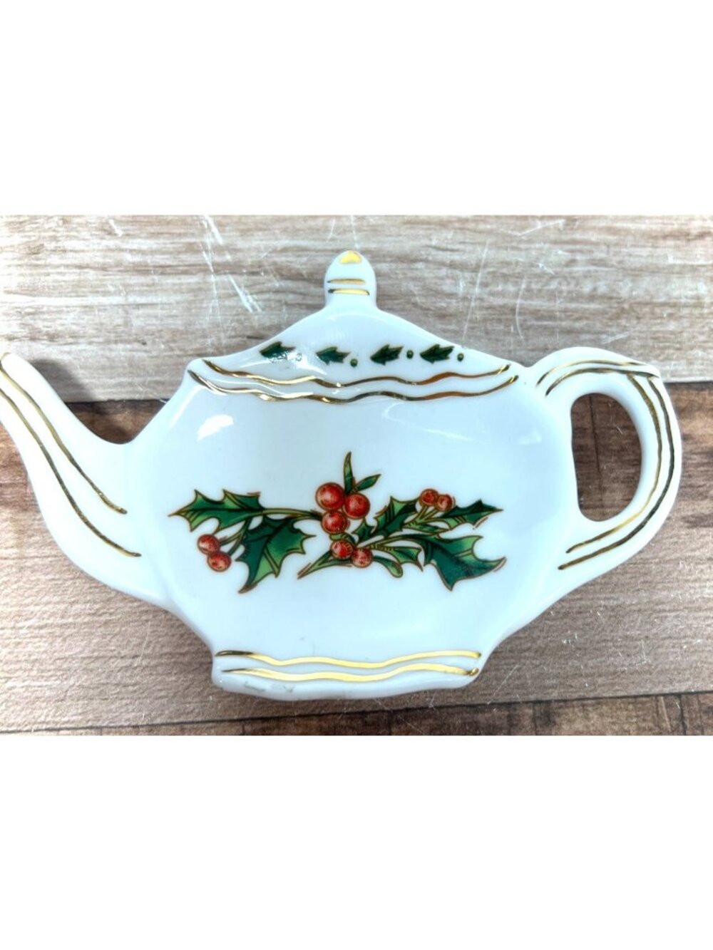 Vintage Christmas Tea Caddy Spoon Rest Bone China Holly Berries Gold Accent